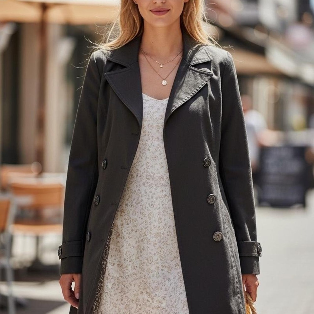 Caslon Black Trench Coat Women Medium Single Breasted Button Front Jacket Lined